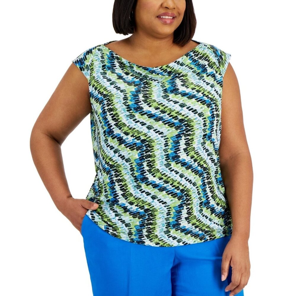 Kasper Plus Size 2X Printed Cowlneck Raglan Cap-Sleeve Top Green MSRP $59